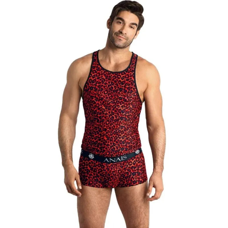 Haut sans manches rouge imprimé animal en microfibre, ajustement parfait, Anais Men Top Tribal, polyamide élasthanne.