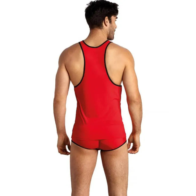 Débardeur rouge sans manches Anais Men Soul Top, bordure noire, ajustement parfait, microfibre douce, style classique.
