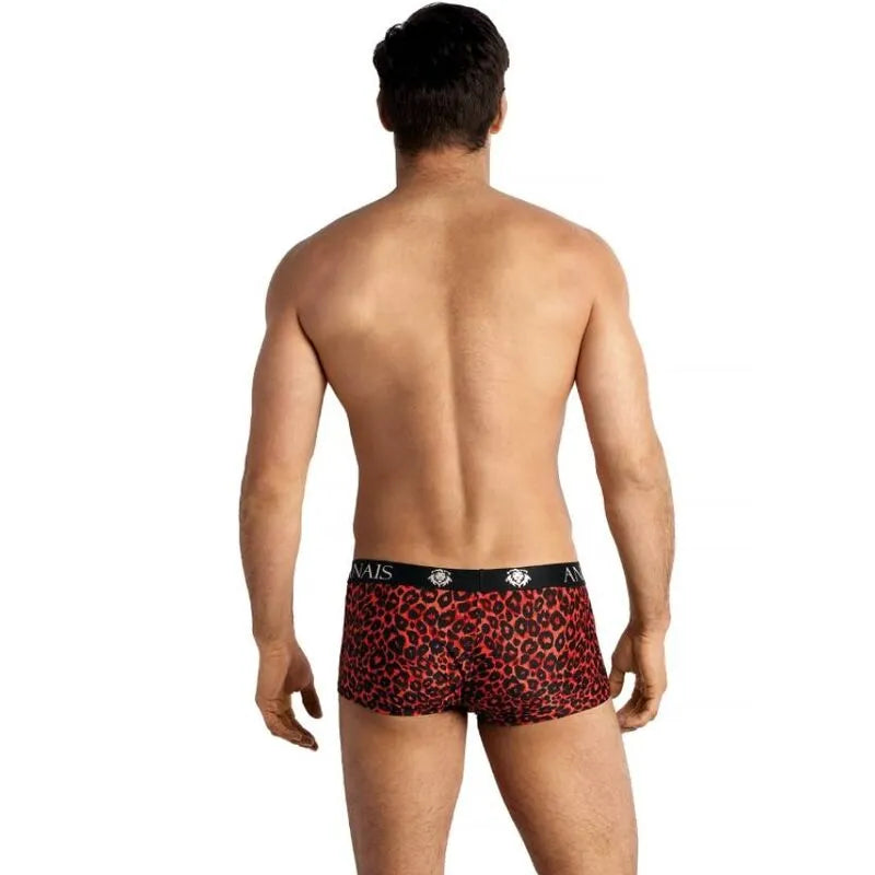 Boxer homme rouge imprimé animal, microfibre douce, coupe sportive, jambes longues, maintien silhouette, élégant et sexy.