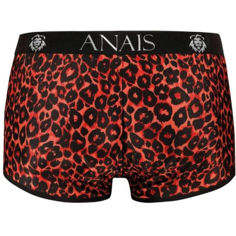 Boxer homme rouge imprimé animal, microfibre douce, coupe sportive, taille ANAIS, maintien silhouette, style audacieux.