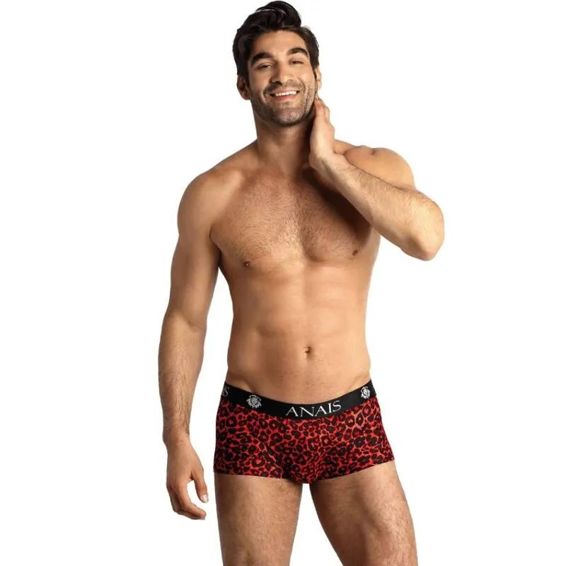 Boxer homme rouge imprimé animal, microfibre douce, coupe sportive, jambes longues, maintien silhouette, marque ANAIS MEN.