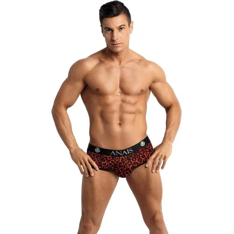 Bikini tribal rouge microfibre imprimé animal, string masculin sexy, confortable et extensible, élasthanne polyamide.
