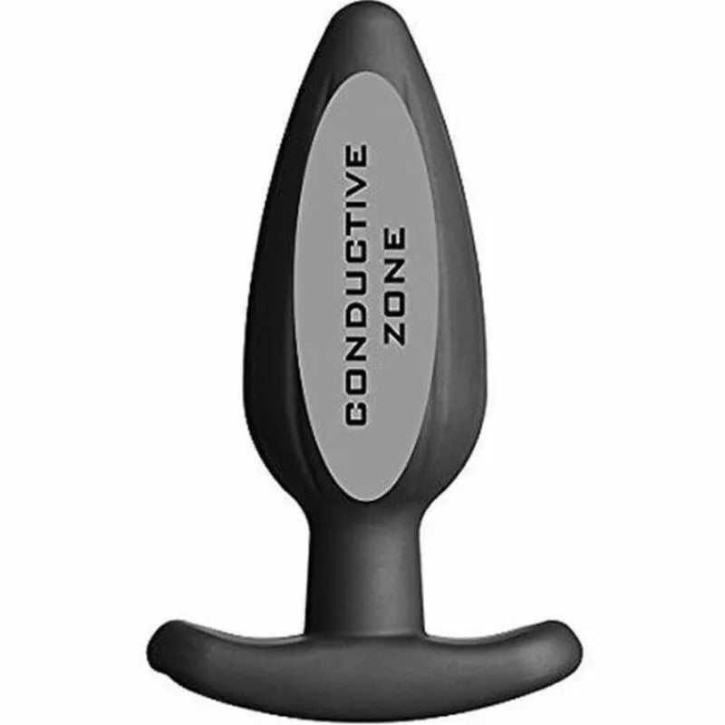 Plug anal noir en silicone avec base incurvée, texture striée et zone conductrice, idéal pour plaisir électro-stimulation.