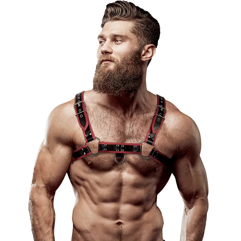 harnais poitrine écocuir cuirvégétal homme noir rouge réglable tailleunique ajustable danse piste sexy tendance audacieux sévillan confortable durable