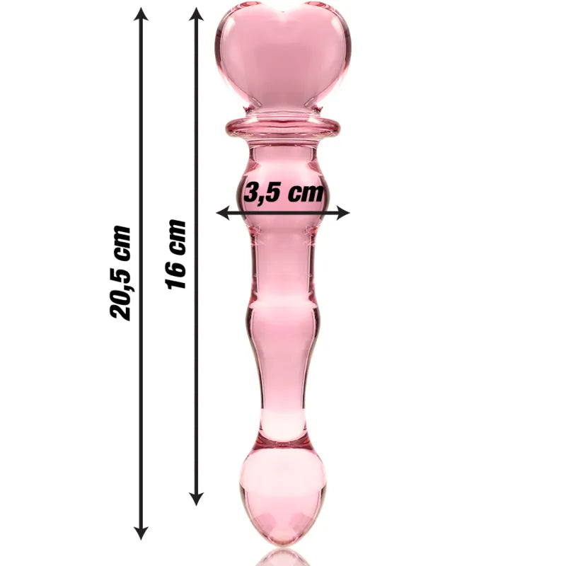 Dildo en verre borosilicate rose, design cœur, double extrémité, stimulation anale, série Nebula, luxe et sécurité.