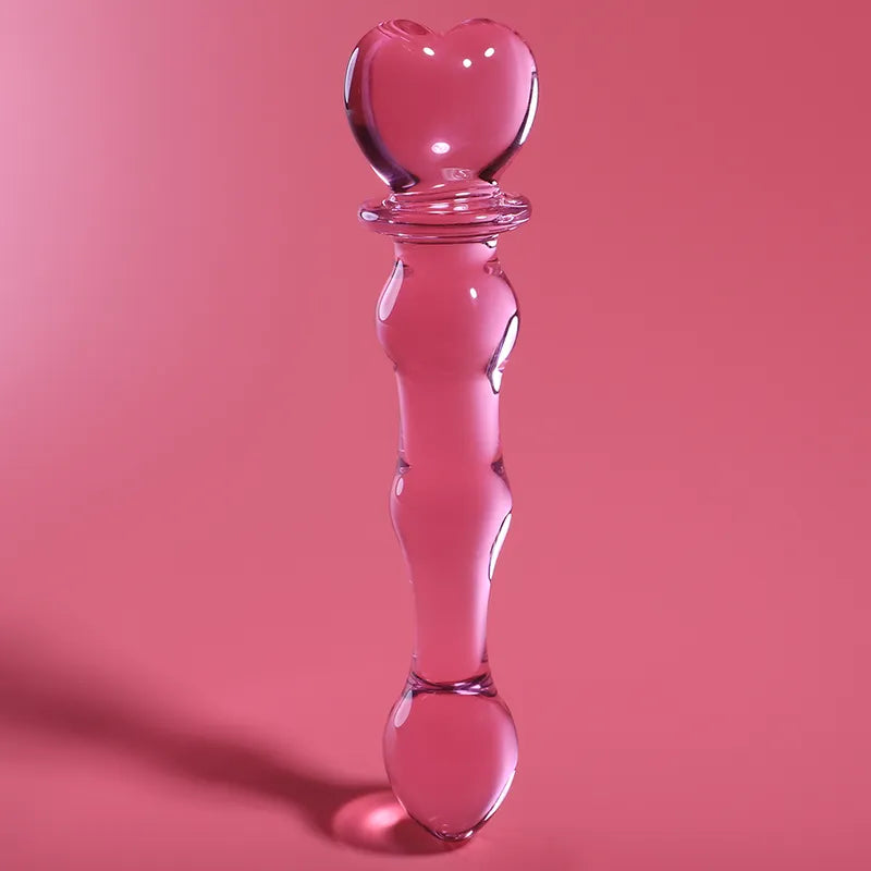 Dildo en verre borosilicate rose, design dual cœur, stimulation anale, Série Nebula, sextoy élégant et luxueux.
