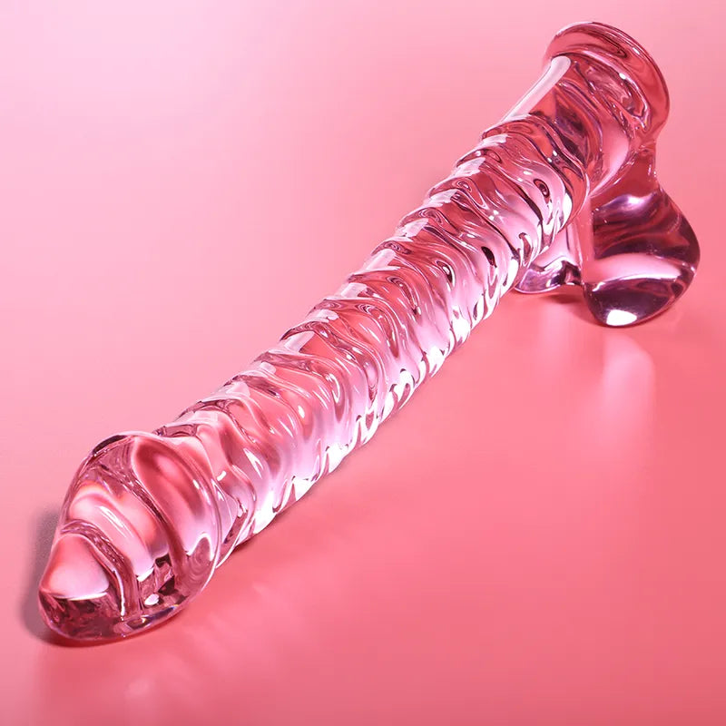 Gode en verre rose borosilicate, 21.5 cm, texture réaliste, design anatomique, stimulation intime, sextoy sécuritaire.