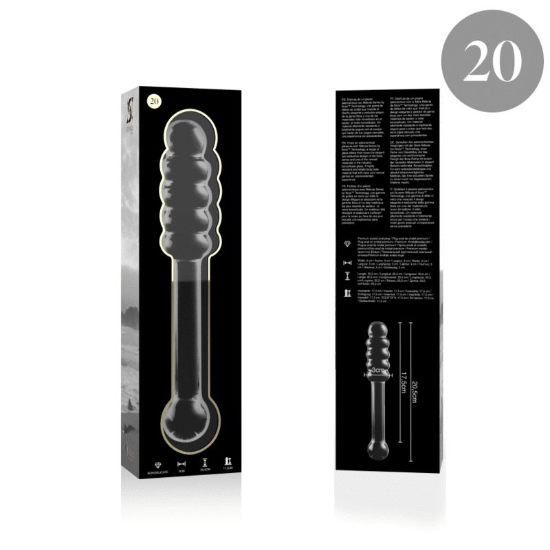 Gode en verre borosilicate clair 20.5 cm, design élégant Nebula Series Ibiza, stimulation intense et sécurisée.