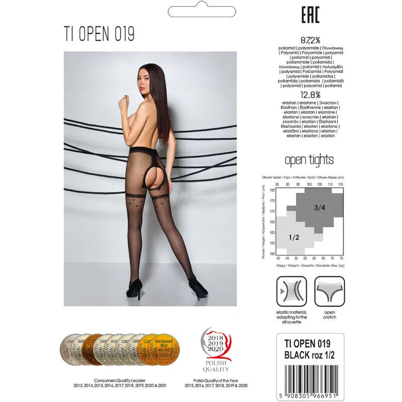 Bas érotiques noirs avec ouverture cuisses, femme moderne, luxe européen, confort extensible, design sophistiqué.