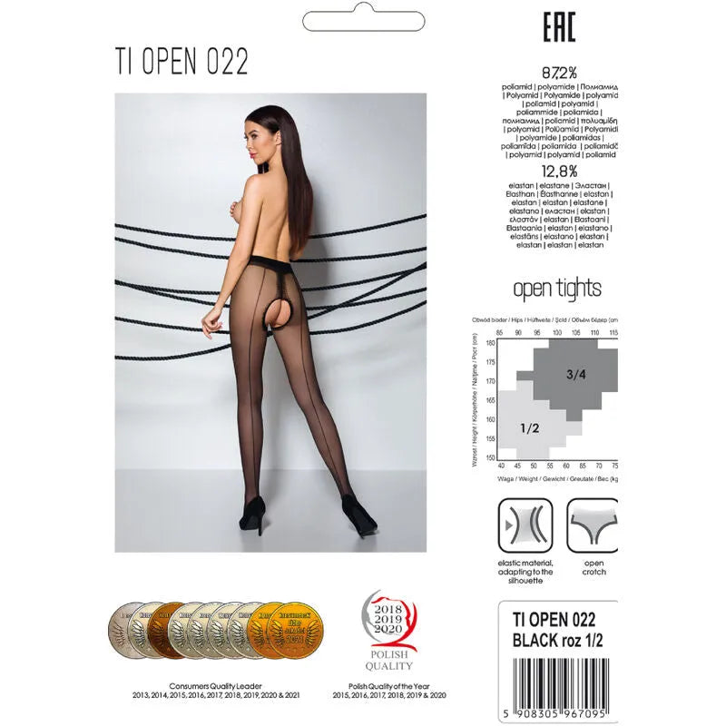 Bas noirs élégants avec ouverture cuisses, design moderne et sensuel, femme de dos, qualité européenne, confort extensible.