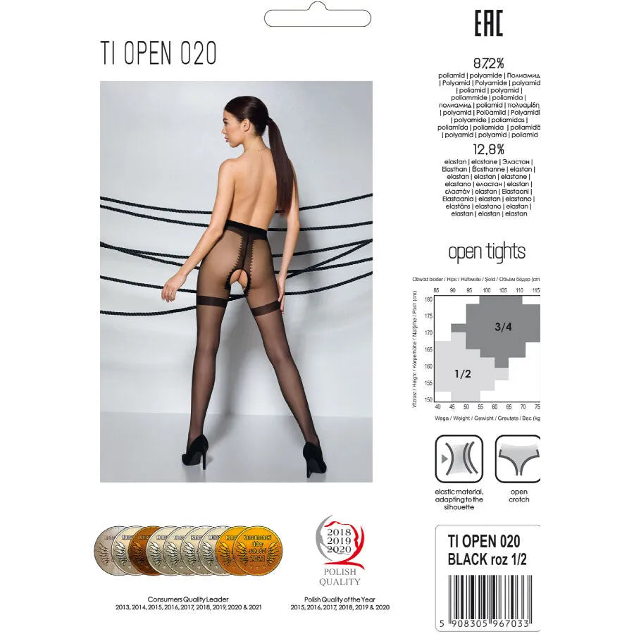 Bas noirs élégants 20DEN avec ouverture cuisses, design moderne et sophistiqué, femme luxe, confort et ajustement parfait.