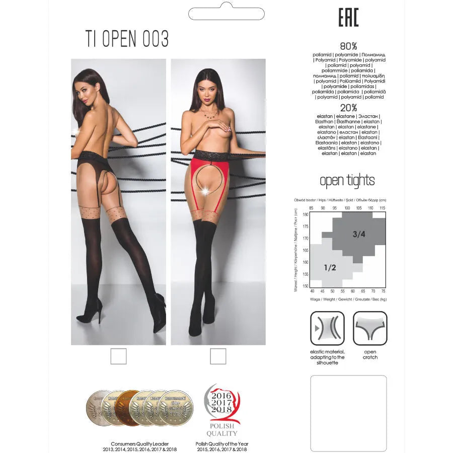 Collants ouverts rouge et noir, design élastique large, motifs élégants, lingerie Passion Tiopen pour femmes modernes.