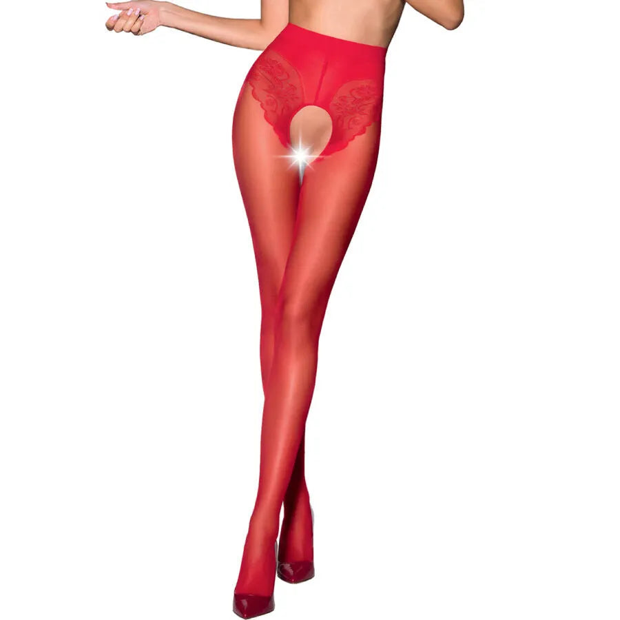 Bas rouges élégants, coupe 3/4, 30 DEN, transparents, détails décoratifs, pour femme moderne, style audacieux et raffiné.