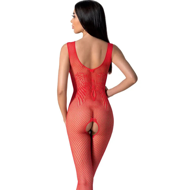 Combinaison résille dentelle rouge, moulante, dos ouvert, détails élégants, taille unique ajustable, allure séduisante.
