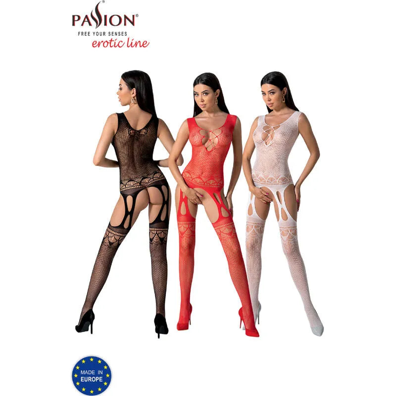Bodystocking résille dentelle noir, rouge, blanc, design sculptant, matière élastique, marque PASSION, taille unique.