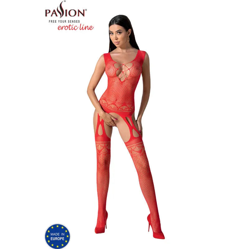 Bodystocking résille rouge dentelle PASSION, design élégant, taille unique, sublimant les courbes féminines.