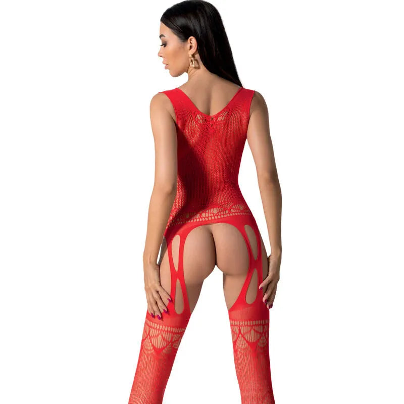 Bodystocking résille rouge dentelle PASSION, design élégant, taille unique, sublimant les courbes féminines.