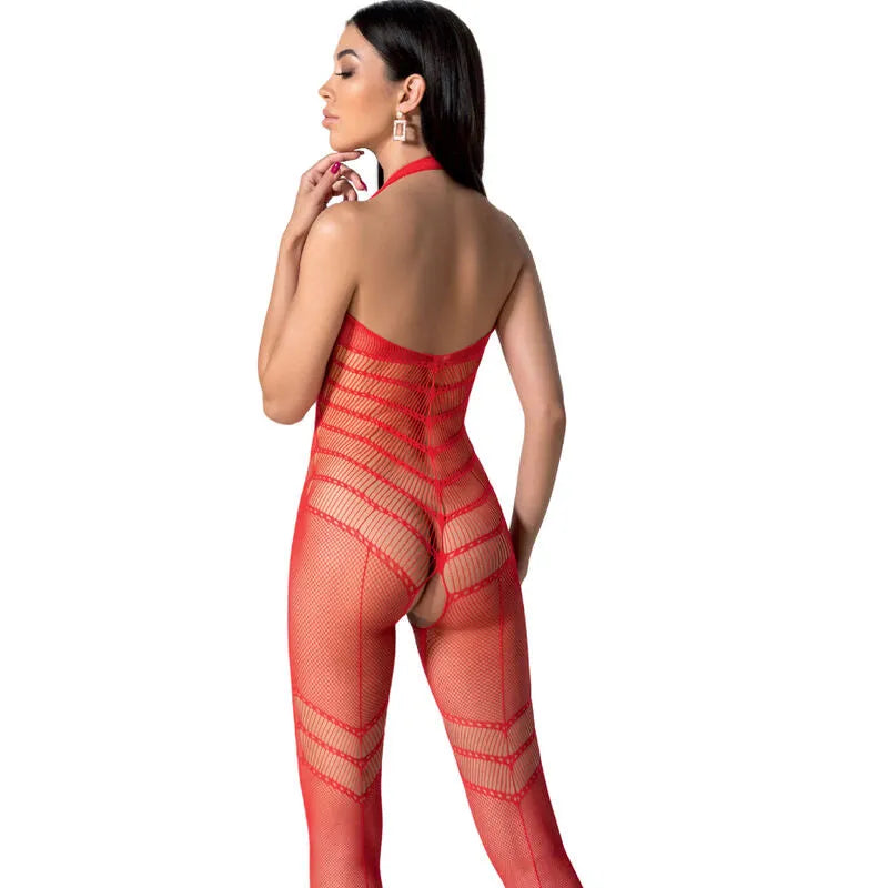 Bodystocking résille rouge PASSION, imprimé dentelle, dos nu, design sensuel, matière élastique, taille unique, glamour.
