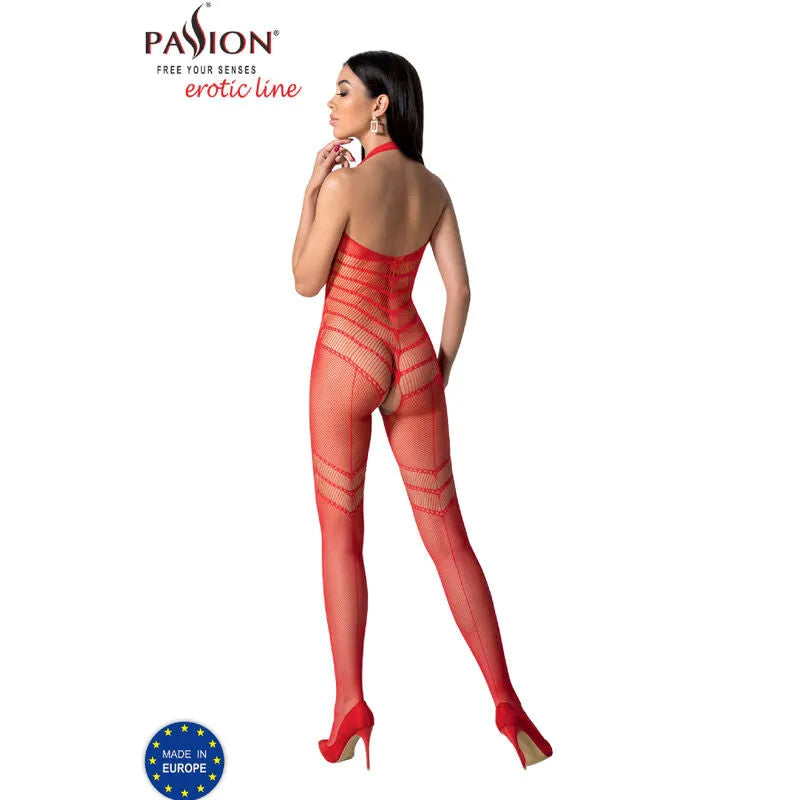Bodystocking résille rouge PASSION, dentelle imprimée, transparent, taille unique, glamour et séduction, vue de dos.
