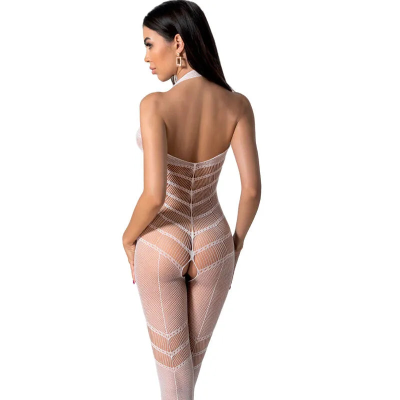 Bodystocking résille blanc, design sculptant, imprimé élégant, matière extensible, ajustable, style sensuel et audacieux.