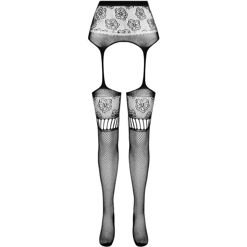 Bas noirs élégants et résistants avec motifs floraux, ouverture sensuelle, taille unique, en polyamide et élasthanne.