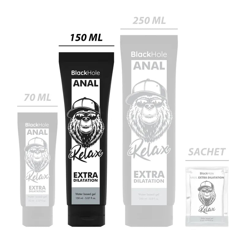 Tube de gel lubrifiant anal Black Hole 150 ml, design moderne noir, pour dilatation confortable, usage couple et expert.