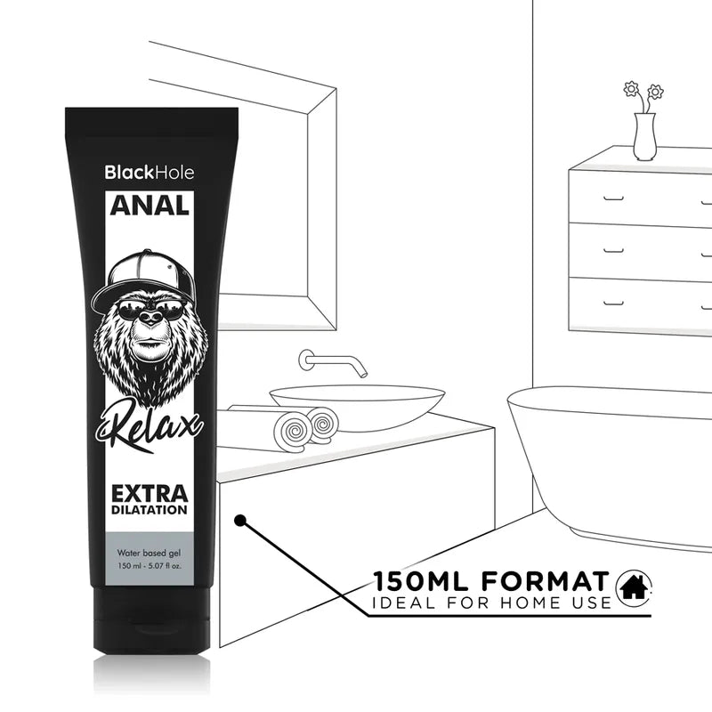 Flacon de gel lubrifiant anal Black Hole 150 ml, design moderne noir avec texte blanc, idéal pour dilatation confortable.