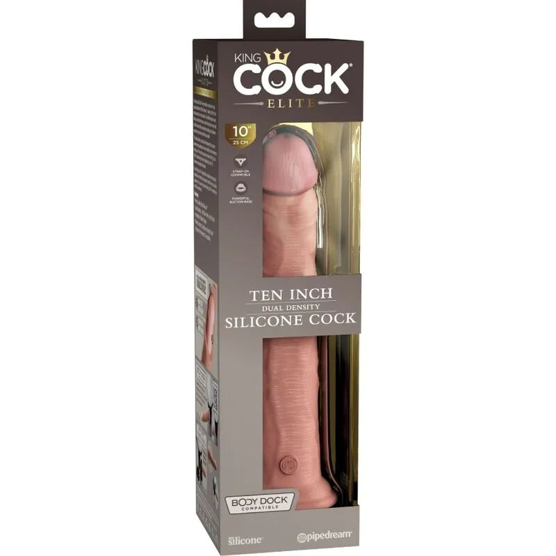 Gode réaliste King Cock Elite en silicone rose, double densité, avec ventouse, dans emballage transparent et noir.