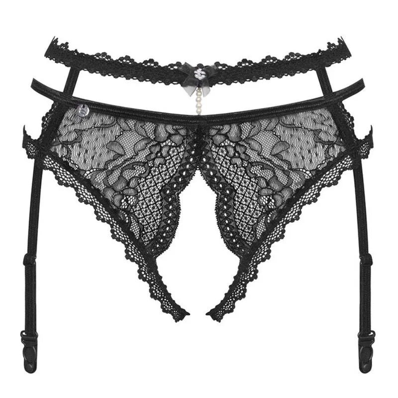 Obsessive Pearlove porte-jarretelles dentelle florale noir entrejambe ouvert