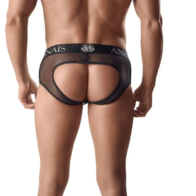 Bikini slip homme noir filet cuir dos nu, design séduisant et audacieux, taille 2XL, confort et élégance assurés.