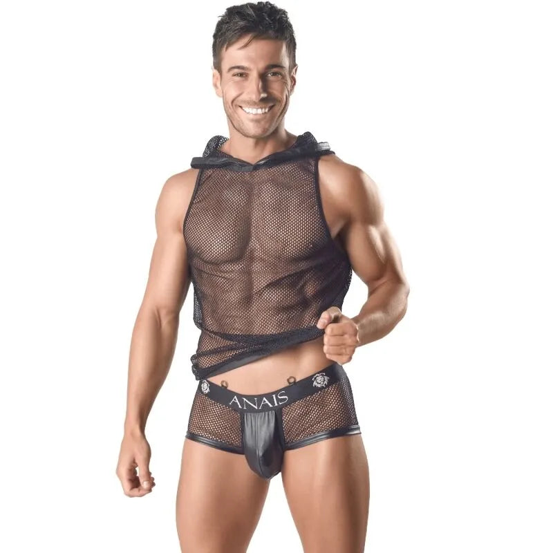Débardeur noir en résille avec capuche pour homme, style sexy et moderne, ajusté et respirant, idéal pour soirées.