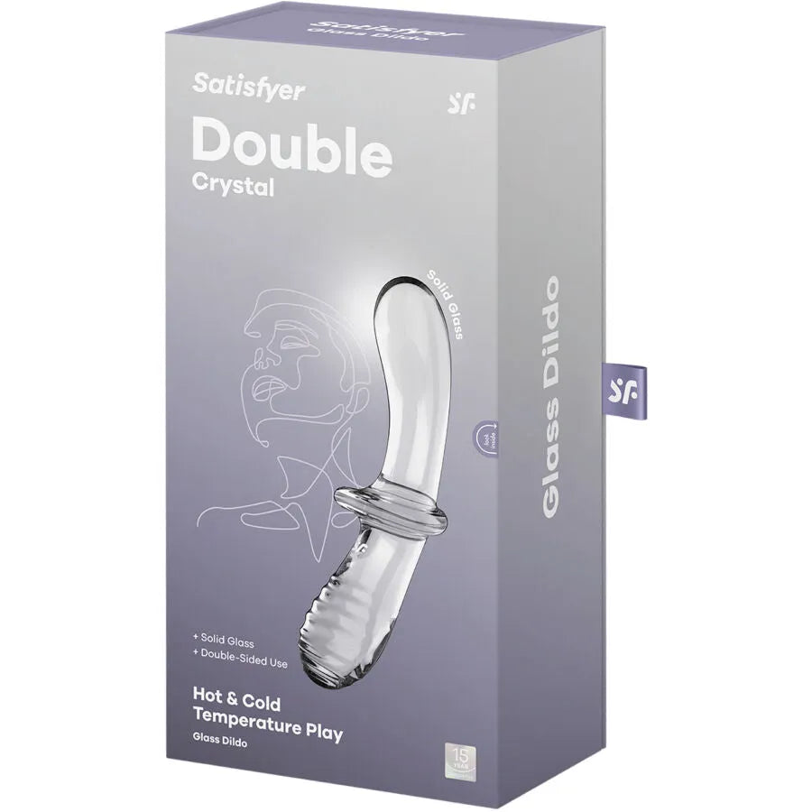 Gode double cristal transparent Satisfyer, verre borosilicate, forme ergonomique, stimulation intime, boîte grise.