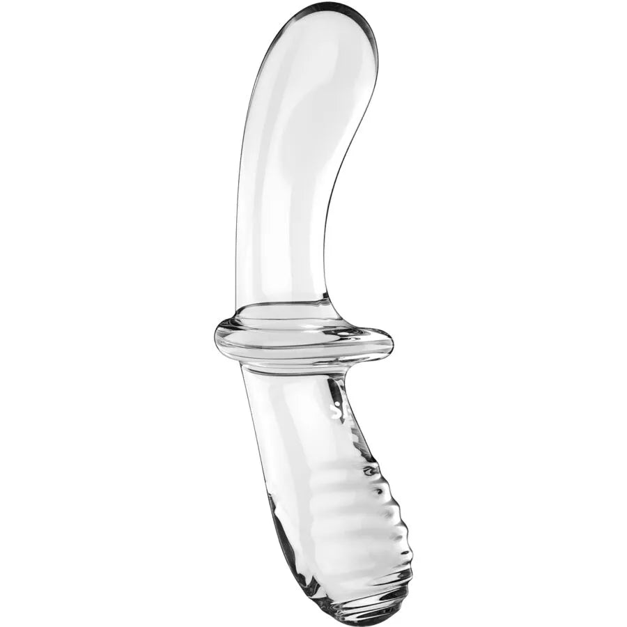 Gode double en verre borosilicate transparent, courbé, ergonomique, pour stimulation intime, design élégant et hygiénique.