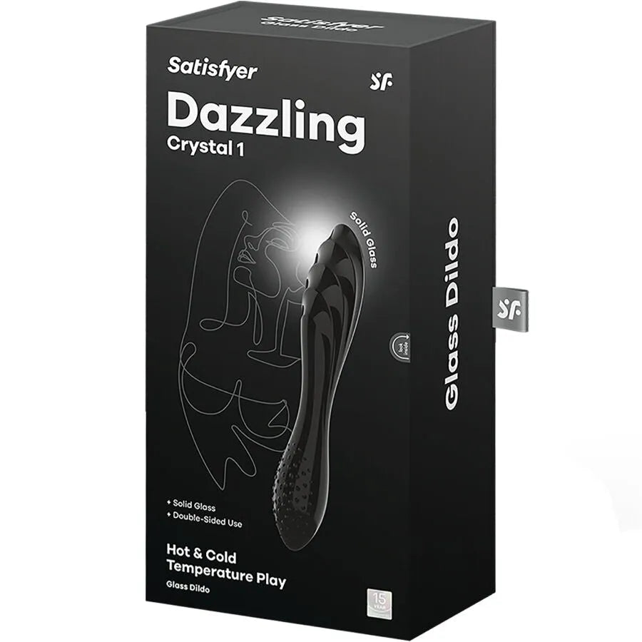 Gode en cristal noir Satisfyer, design élégant, textures multiples, emballage luxueux, stimulation intense.