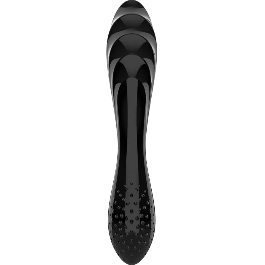 Gode en cristal noir Satisfyer, design élégant, texture ondulée, matériau lisse et brillant, luxe et plaisir maximal.