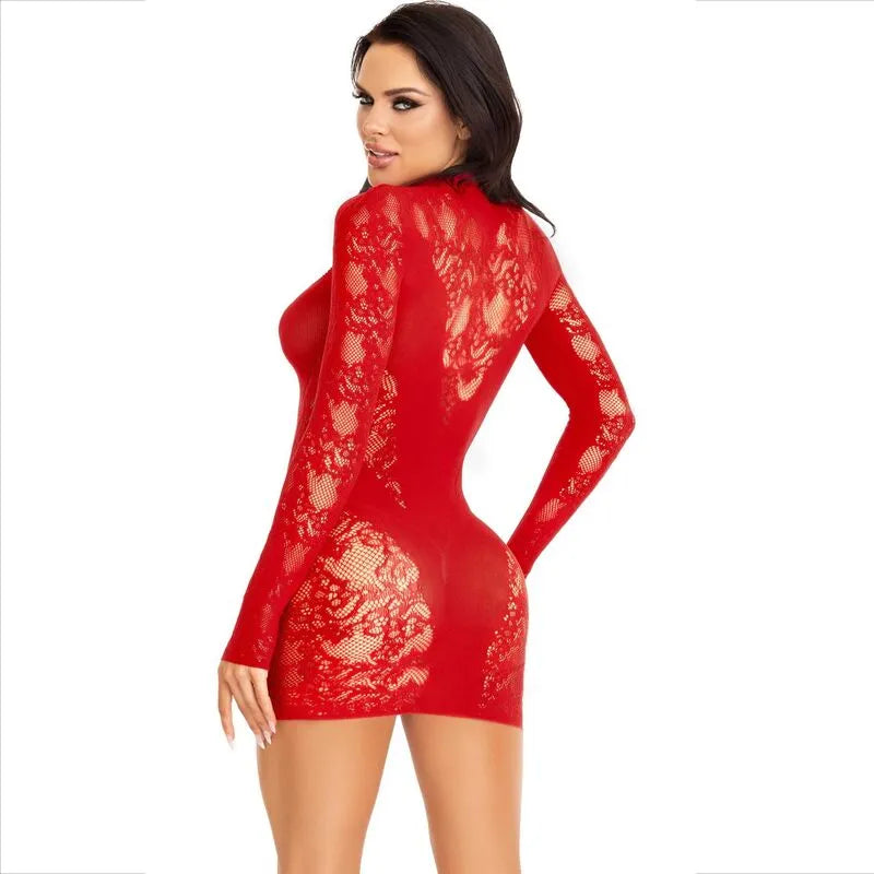 Robe mini dentelle manches longues rouge élégante soirée femme