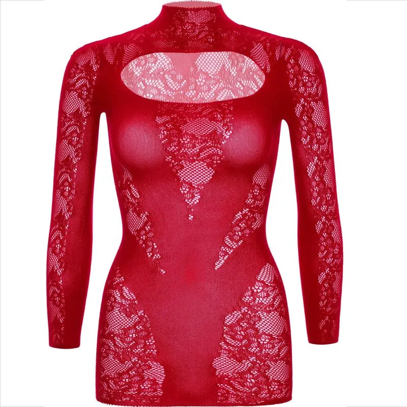 Robe mini dentelle manches longues rouge élégante soirée femme