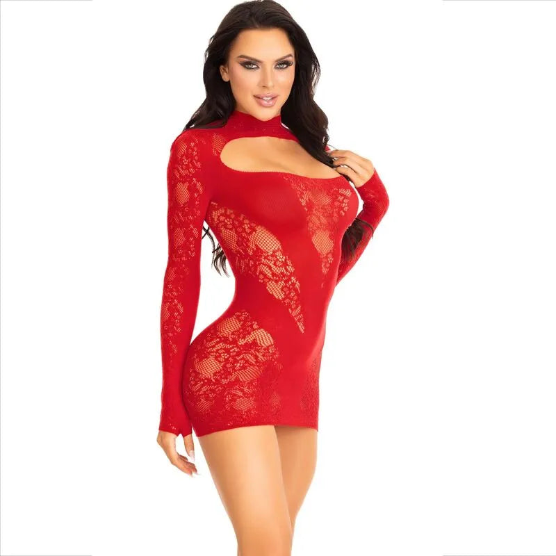Robe mini dentelle manches longues rouge élégante soirée femme