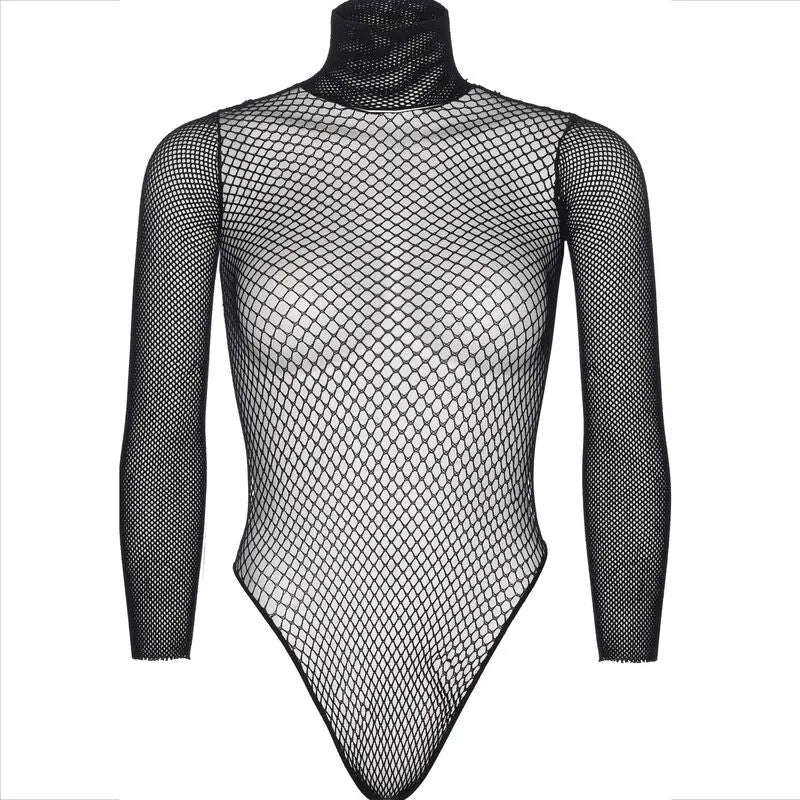 lingerie teddy résille noir col haut manches longues fermeture pression confort renfort coton nylon transparence séduisant pratique ajustable
