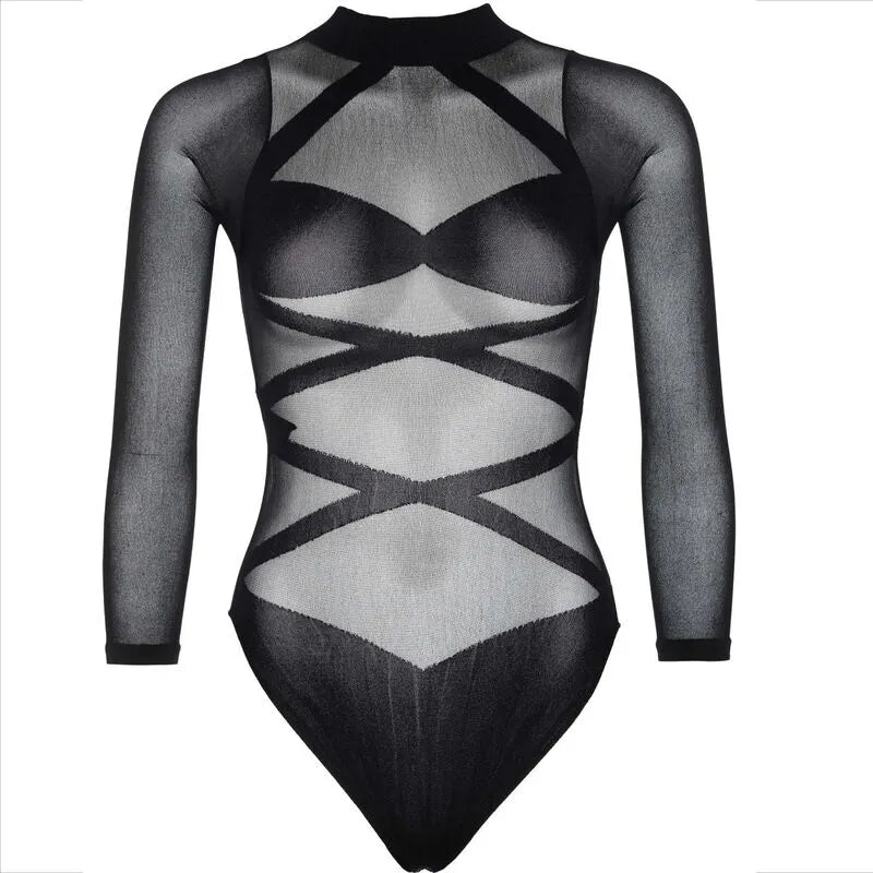 Body transparent opaque noir blanc, manches longues, motifs géométriques, élégance féminité, taille unique, soirée intime.