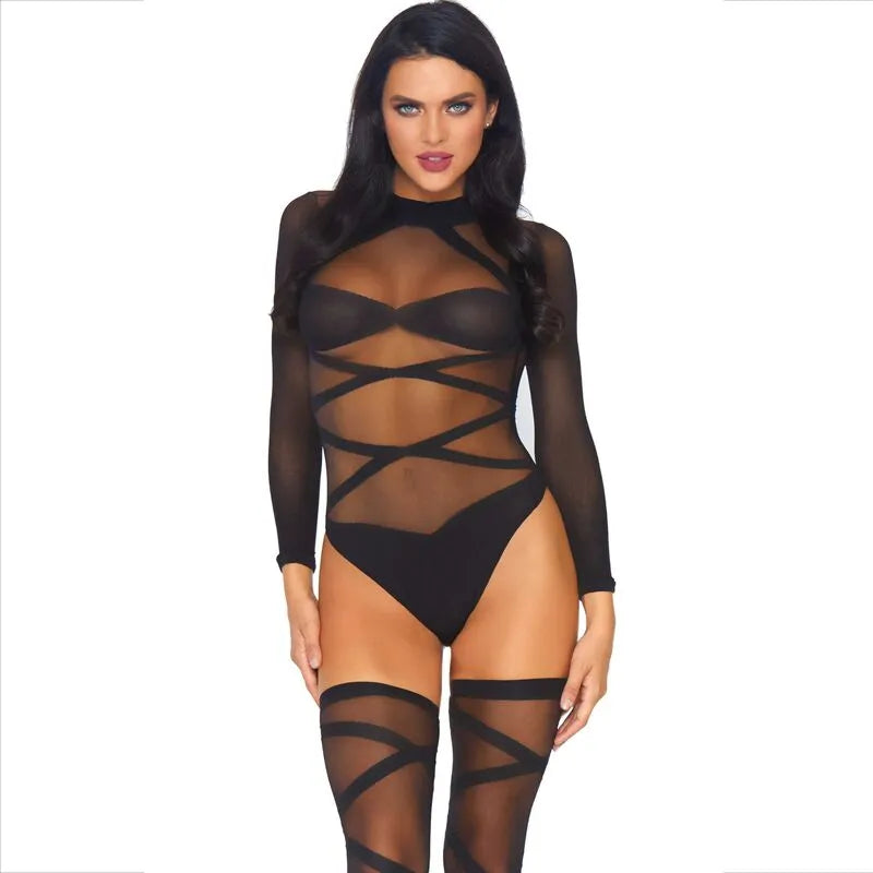 body transparent opaque deux pièces bas cuissardes noir blanc élégance féminité sensualité nylon taille unique confort moulant silhouette soirée intime