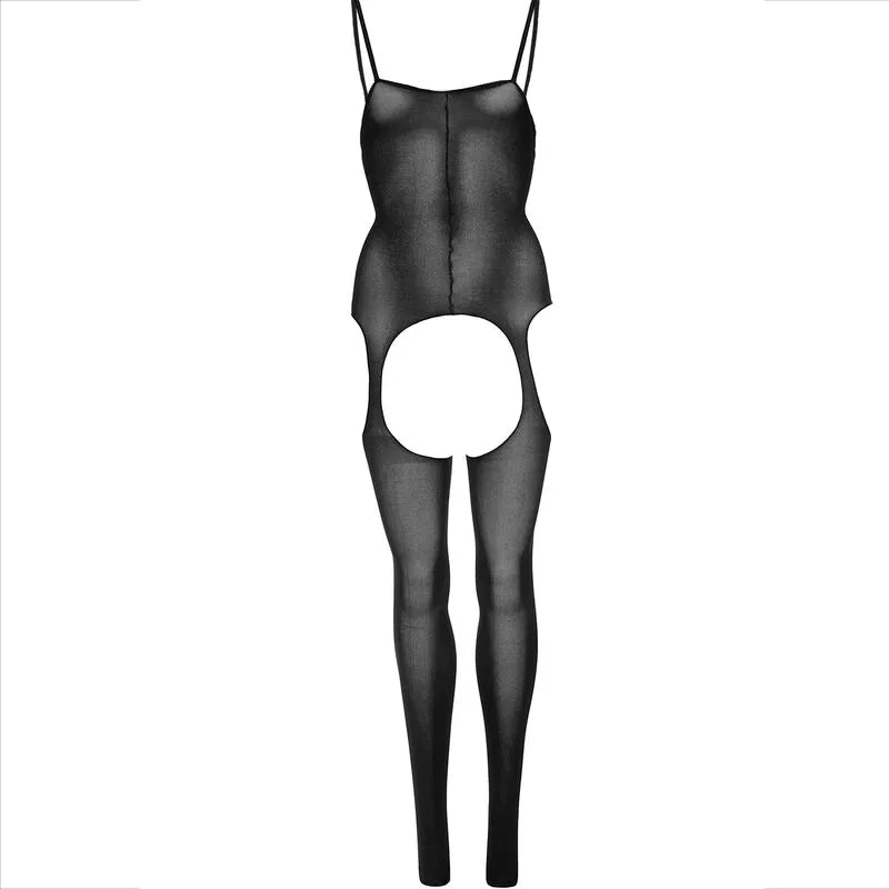 Bodystocking noir sans couture, nylon moulant, bretelles fines, design élégant et sexy, taille unique, silhouette féminine.
