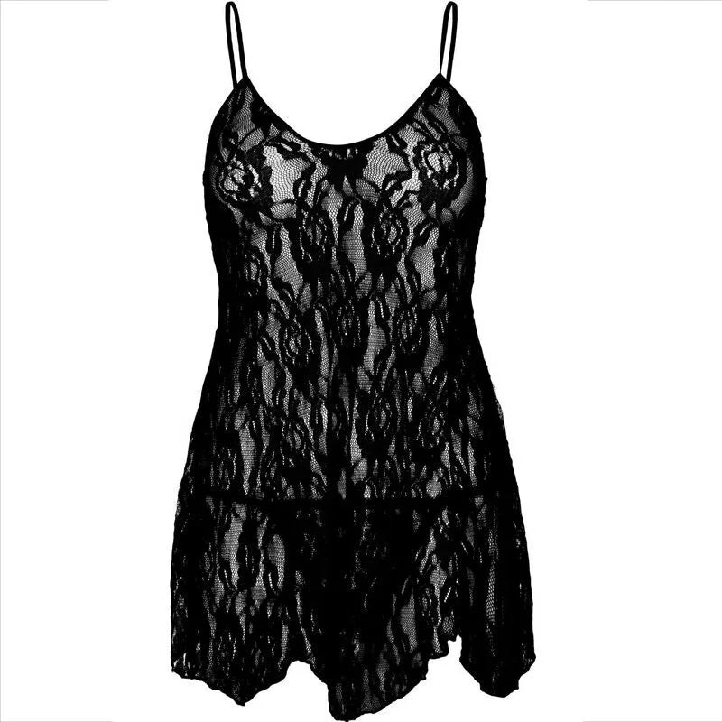Chemise de nuit noire en dentelle florale, transparente et élégante, avec fines bretelles pour une allure séduisante.