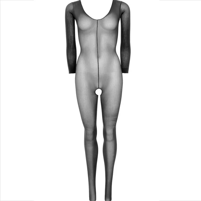 Combinaison noire manches longues en nylon extensible, ajustée et opaque, pour soirées glamour et occasions spéciales.