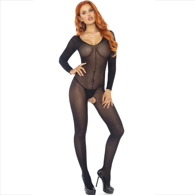 Combinaison noire manches longues en nylon opaque, ajustée et séduisante, idéale pour soirées glamour et occasions spéciales.