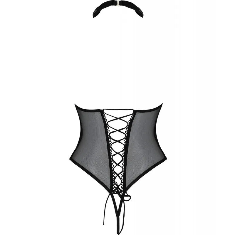 Body sexy noir Trisha Passion femme, ouvert, tour de cou amovible, dentelle élégante, taille LXL, lingerie chic.