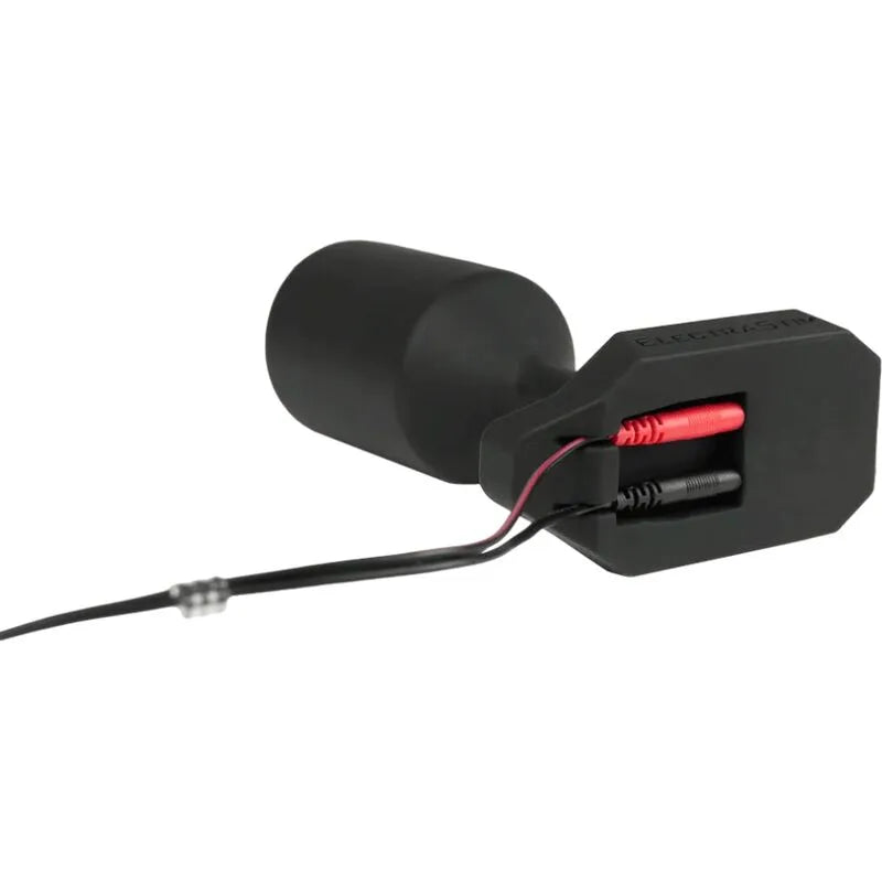 Plug anal noir en silicone conducteur avec noyau en acier, design ergonomique, câbles pour électrostimulation, par Electra...