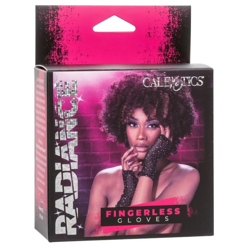Gants sans doigts glamour noirs avec strass scintillants, en nylon élasthanne, sur fond rose élégant.