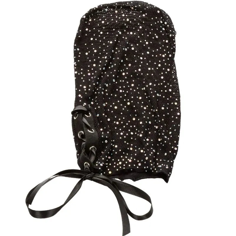 Capuche noire en maille respirante avec lacets et strass, design glamour pour couples, taille unique, séduction et mystère.