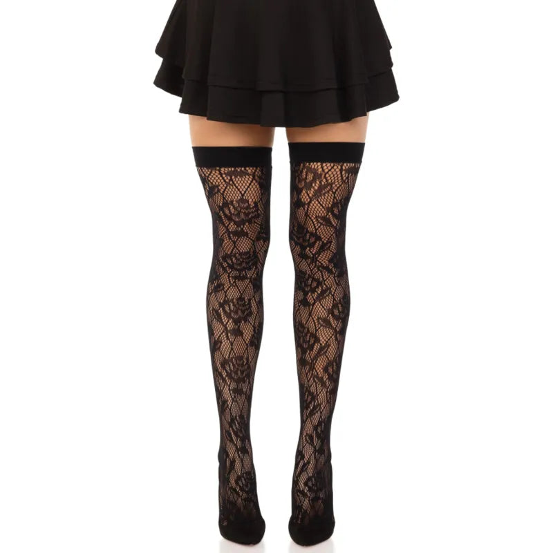 bas résille noirs roses sauvages brodés romantiques glamour sophistiqués raffinés maintien confortable nylon élasthanne taille unique soirée séduction élégance sensualité
